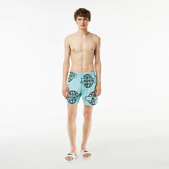 Matching Sets Men Lacoste Men039s Globe Print Swimsuit Light Green Black Ki4