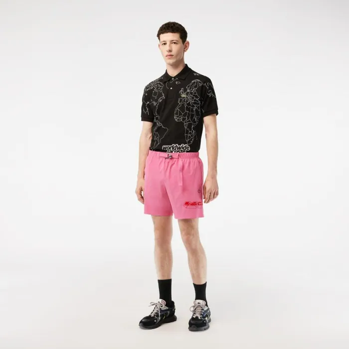Matching Sets Men Lacoste Mens QuickDry Logo Stripe Swim Trunks Bubblegum Pink 2r3