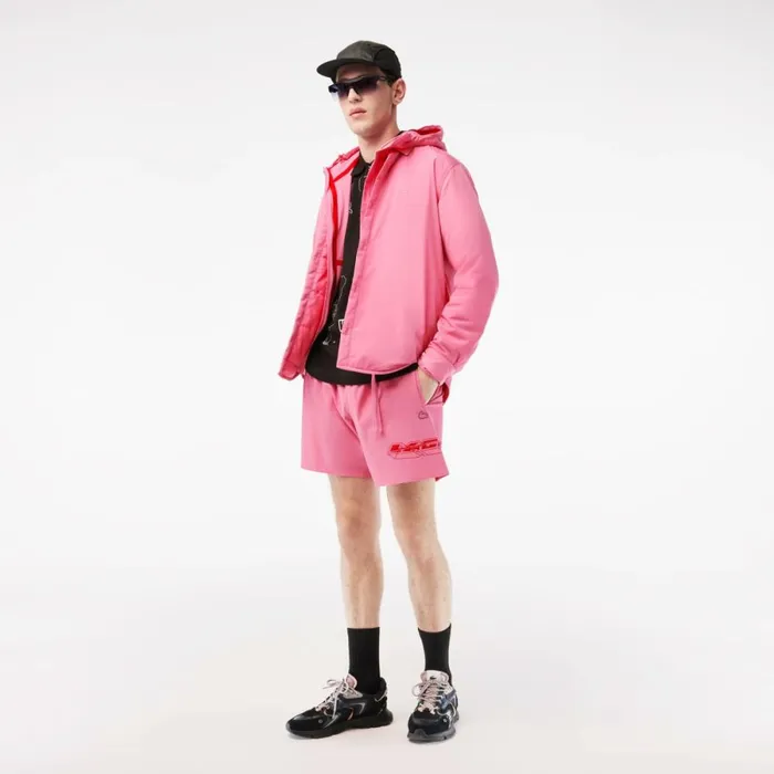 Matching Sets Men Lacoste Mens QuickDry Logo Stripe Swim Trunks Bubblegum Pink 2r3