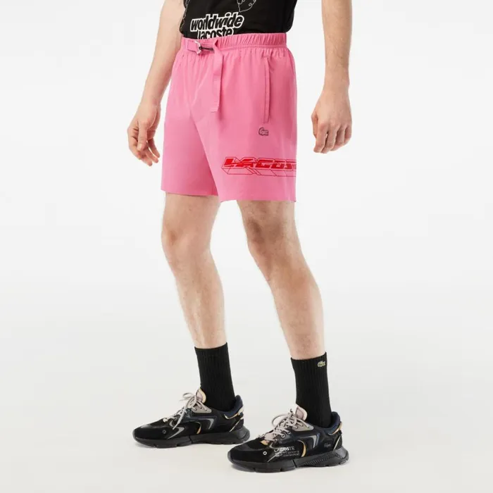 Matching Sets Men Lacoste Mens QuickDry Logo Stripe Swim Trunks Bubblegum Pink 2r3