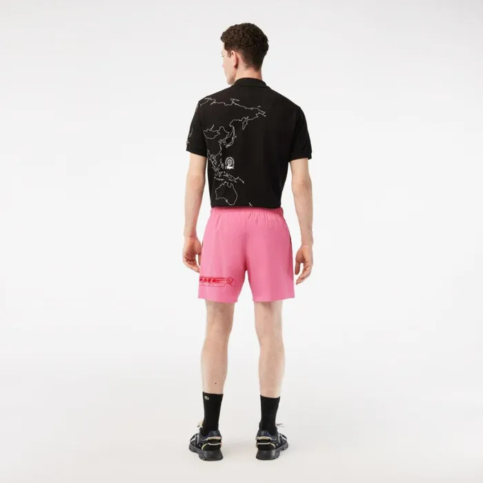 Matching Sets Men Lacoste Mens QuickDry Logo Stripe Swim Trunks Bubblegum Pink 2r3