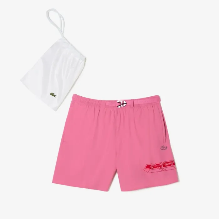 Matching Sets Men Lacoste Mens QuickDry Logo Stripe Swim Trunks Bubblegum Pink 2r3