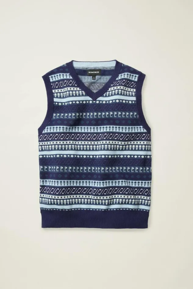 Men Cotton Cashmere Golf Sweater Vest Navy Fair Isle Bonobos Crew and VNeck Sweaters