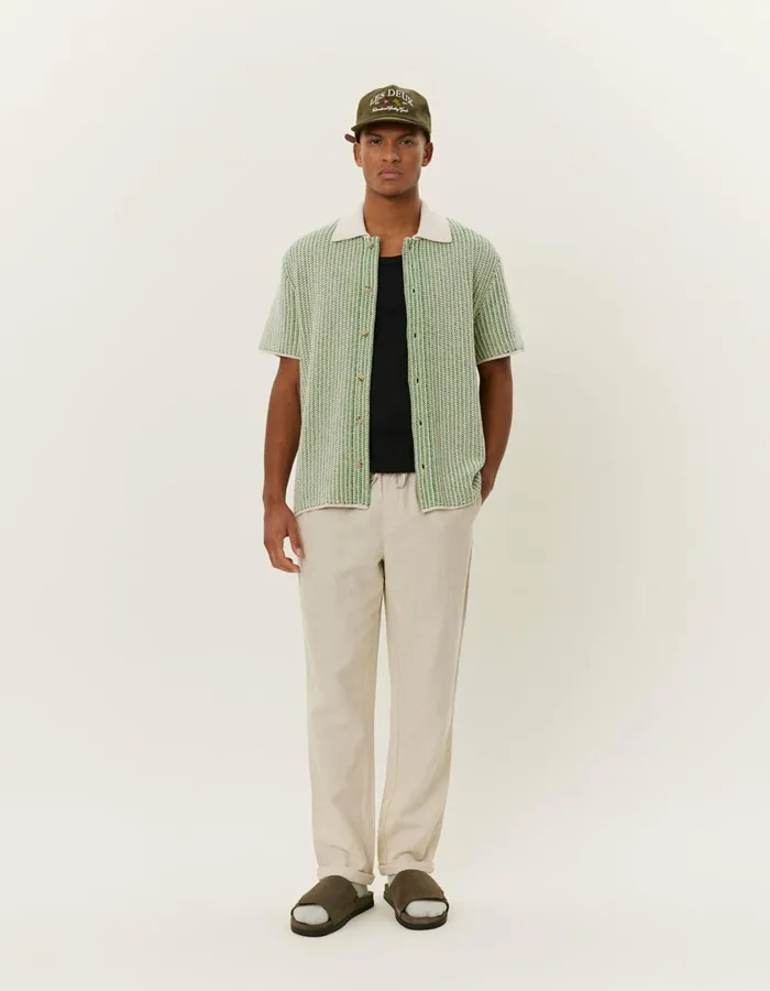 Men Easton Knitted SS Shirt 8211 IvoryVintage Green Les Deux Knitwear