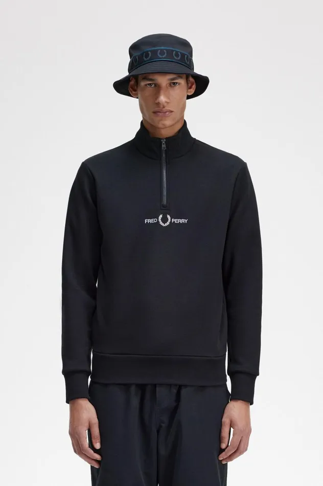 Men Embroidered Half Zip Sweatshirt Navy Fred Perry Sweatshirts