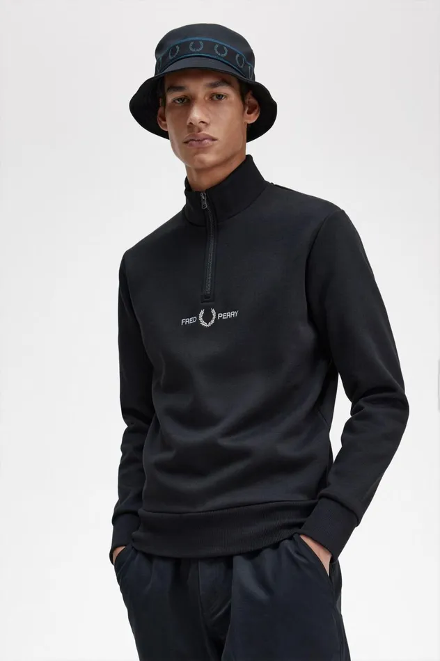 Men Embroidered Half Zip Sweatshirt Navy Fred Perry Sweatshirts