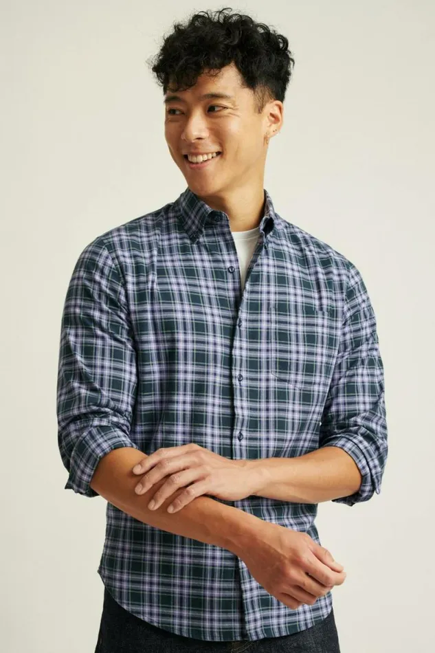 Men Everyday Lightweight Flannel Shirt Navy Lavender Plaid Bonobos Overshirts