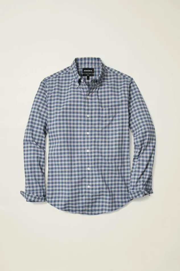 Men Everyday Shirt Navy Brown Plaid Bonobos Business Casual Shirts