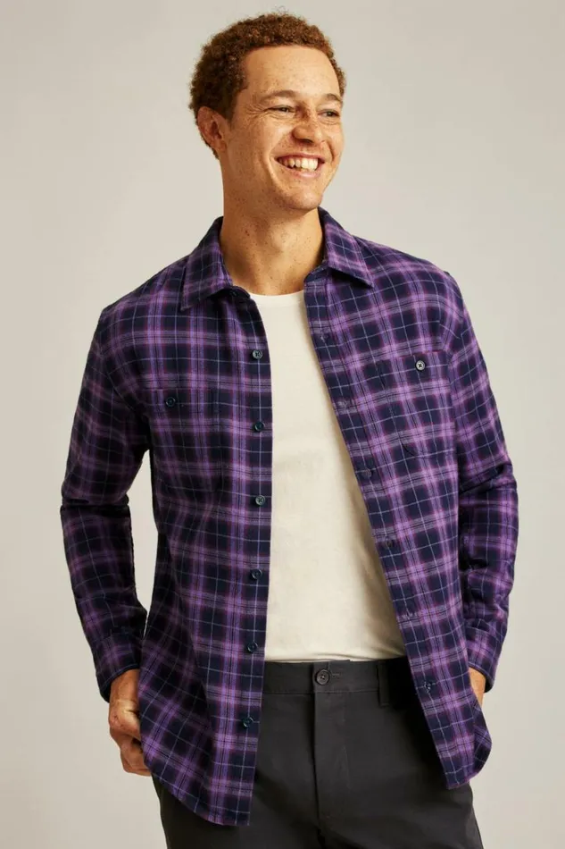 Men Fireside Flannel Shirt Dark Purple Plaid Bonobos Overshirts