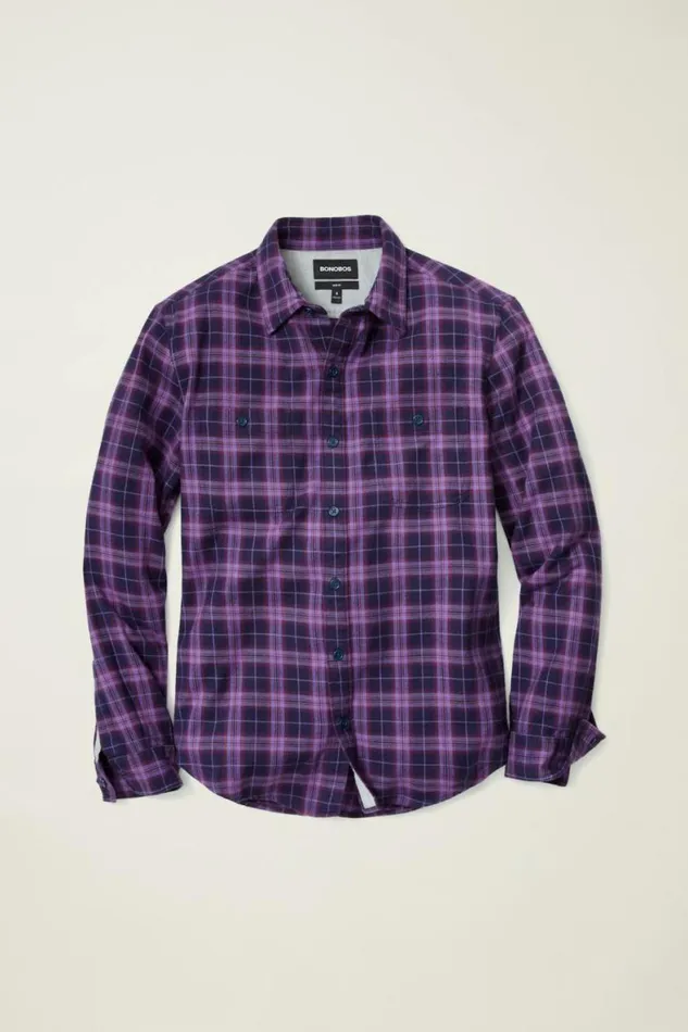 Men Fireside Flannel Shirt Dark Purple Plaid Bonobos Overshirts