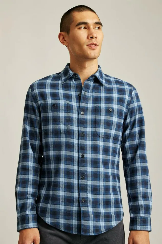 Men Fireside Flannel Shirt Navy Blue Plaid Bonobos Overshirts