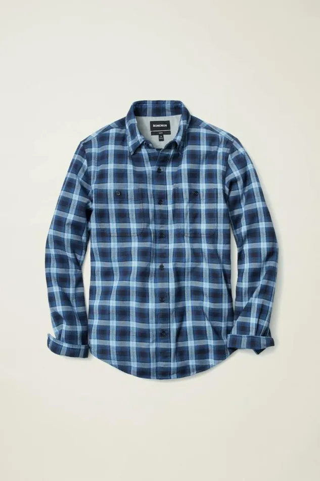 Men Fireside Flannel Shirt Navy Blue Plaid Bonobos Overshirts