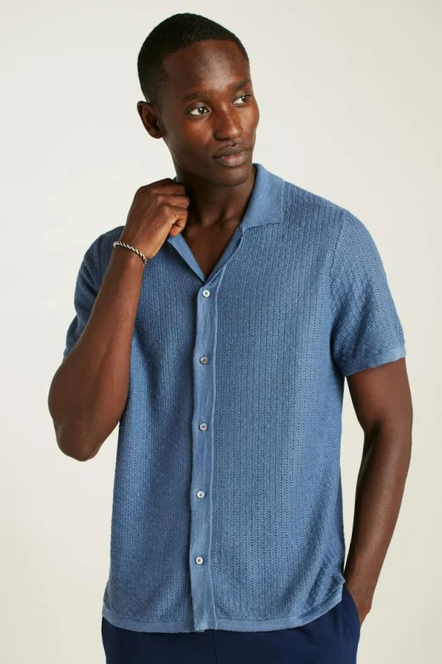 Men Hudson Cabana Sweater Polo Blue Italian Linen Bonobos Polos