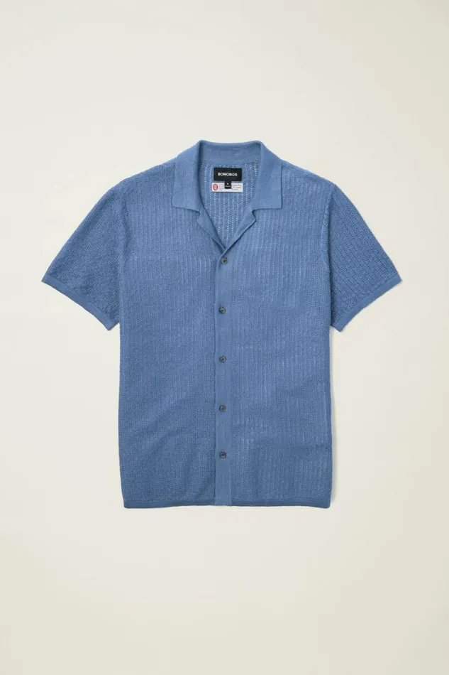 Men Hudson Cabana Sweater Polo Blue Italian Linen Bonobos Polos