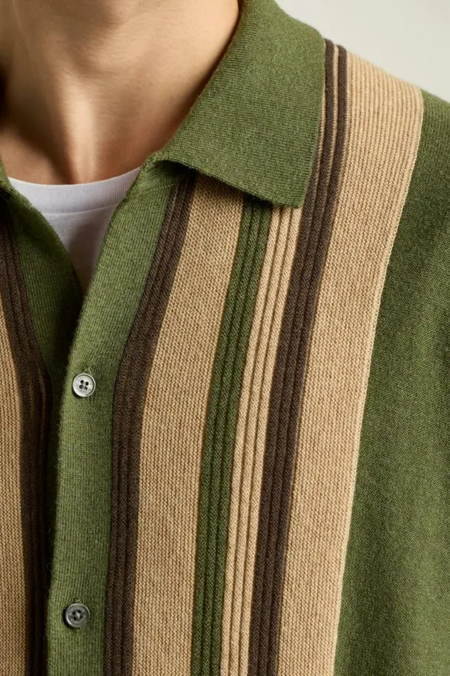 Men Hudson Long Sleeve Sweater Polo Green Cotton Cashmere Stripe Bonobos Cardigans