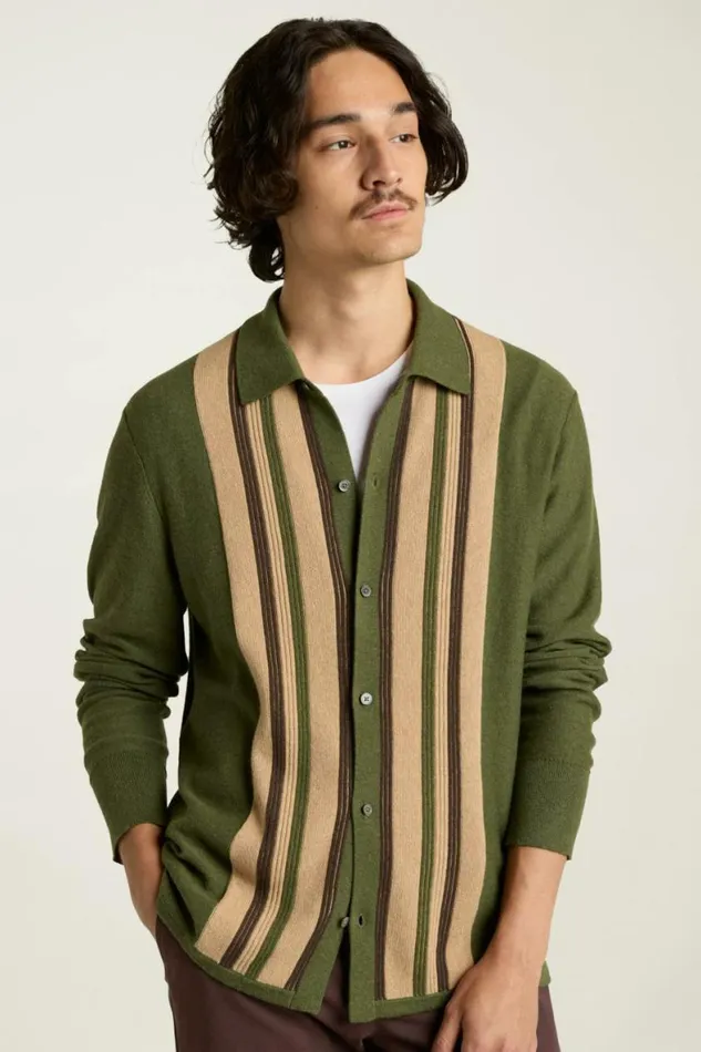 Men Hudson Long Sleeve Sweater Polo Green Cotton Cashmere Stripe Bonobos Cardigans