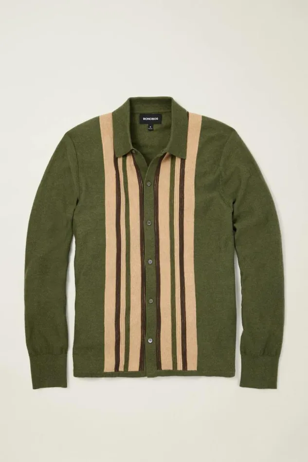 Men Hudson Long Sleeve Sweater Polo Green Cotton Cashmere Stripe Bonobos Cardigans