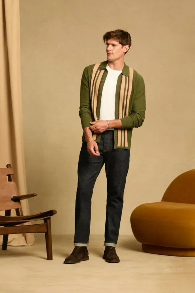 Men Hudson Long Sleeve Sweater Polo Green Cotton Cashmere Stripe Bonobos Cardigans