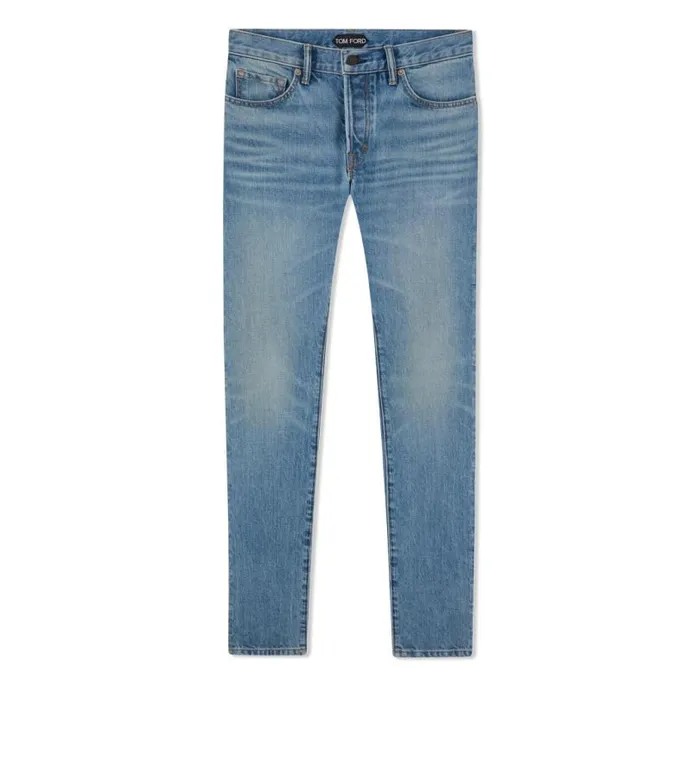 Men Jeans Tom Ford Aged Light Wash Slim Fit Denim Washed Blue