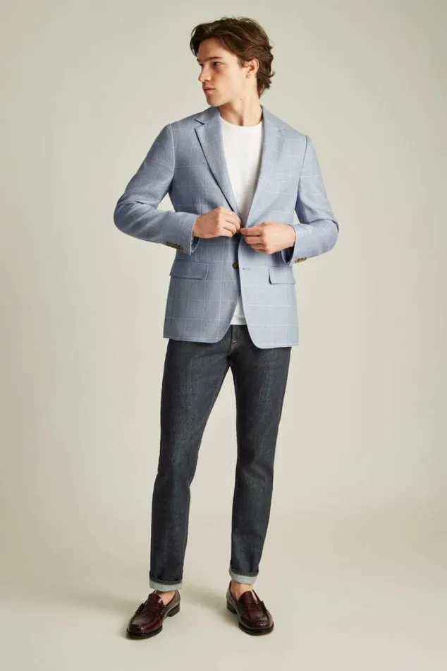 Men Jetsetter Unconstructed Blazer Light Blue Windowpane Bonobos Blazers and Sport Coats