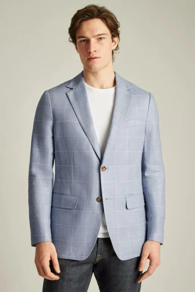 Men Jetsetter Unconstructed Blazer Light Blue Windowpane Bonobos Blazers and Sport Coats