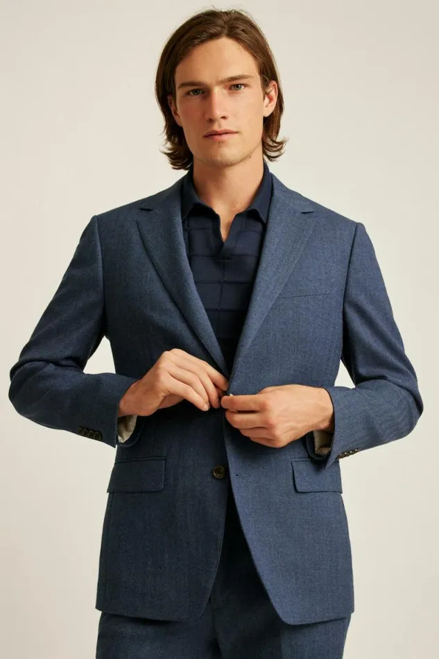 Men Jetsetter Wool Blazer Dark Blue Herringbone Bonobos Blazers and Sport Coats