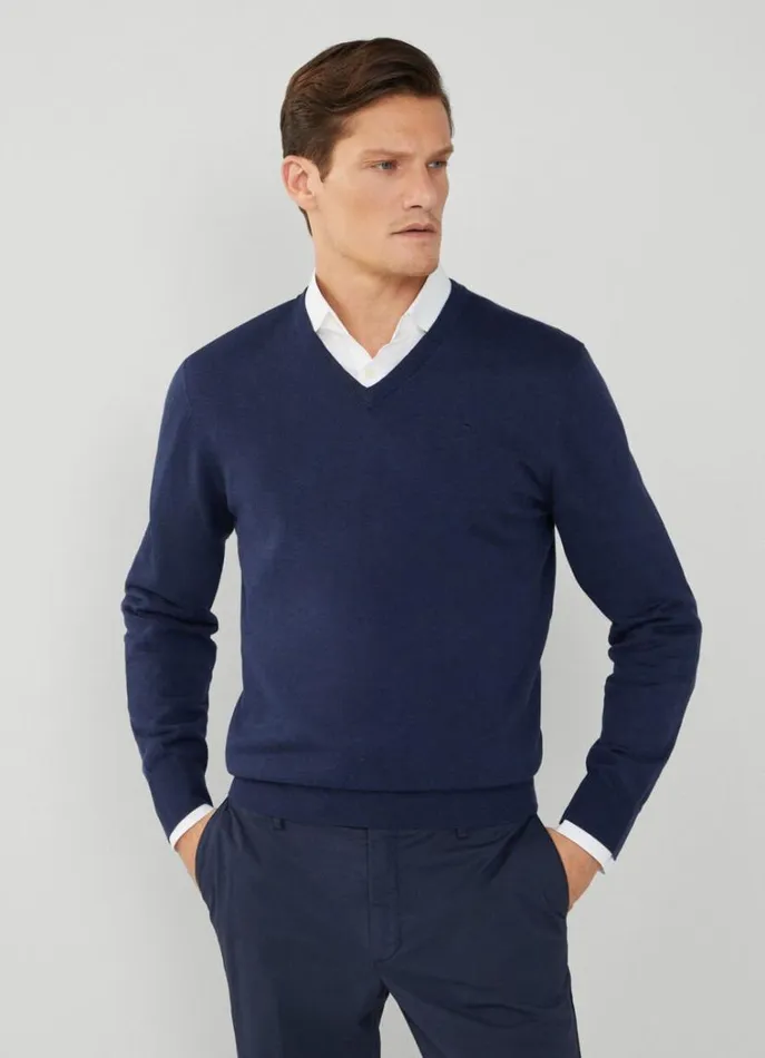 Men Knitwear Hackett London Cotton And Silk VNeck Jumper Navy