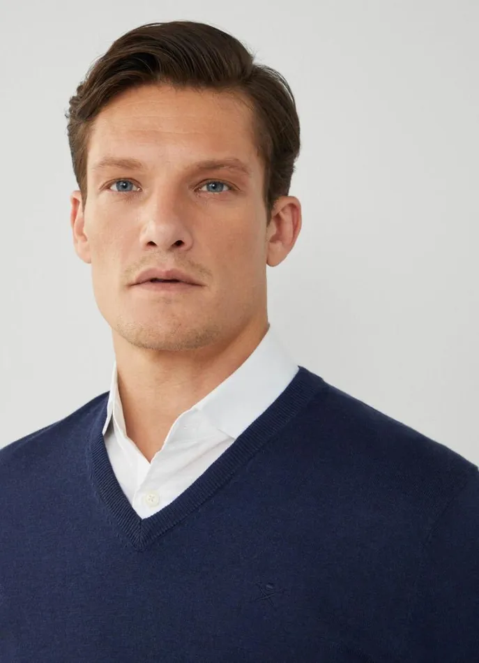 Men Knitwear Hackett London Cotton And Silk VNeck Jumper Navy