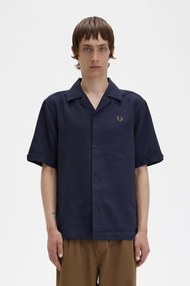 Men LinenBlend Revere Collar Shirt Navy Fred Perry Shirts