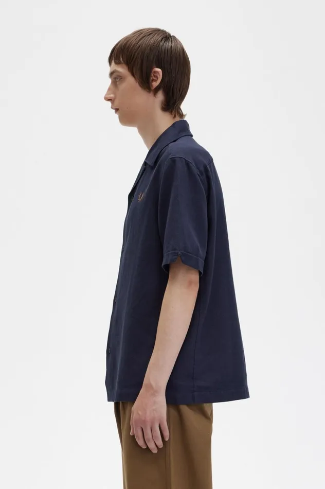 Men LinenBlend Revere Collar Shirt Navy Fred Perry Shirts