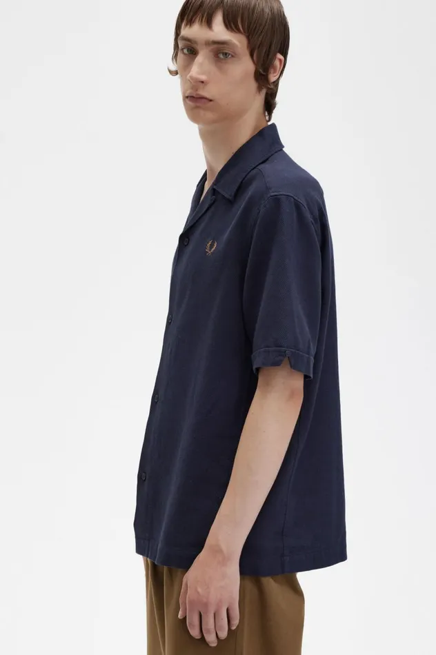 Men LinenBlend Revere Collar Shirt Navy Fred Perry Shirts