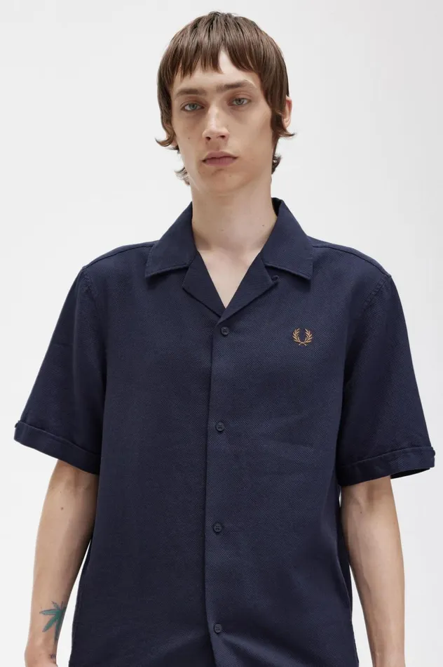 Men LinenBlend Revere Collar Shirt Navy Fred Perry Shirts