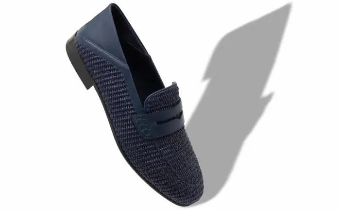 Men Navy Blue Raffia Penny Loafers Manolo Blahnik Loafers