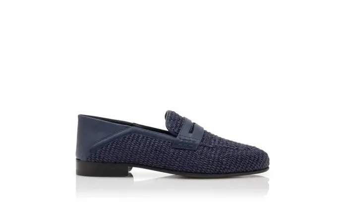 Men Navy Blue Raffia Penny Loafers Manolo Blahnik Loafers