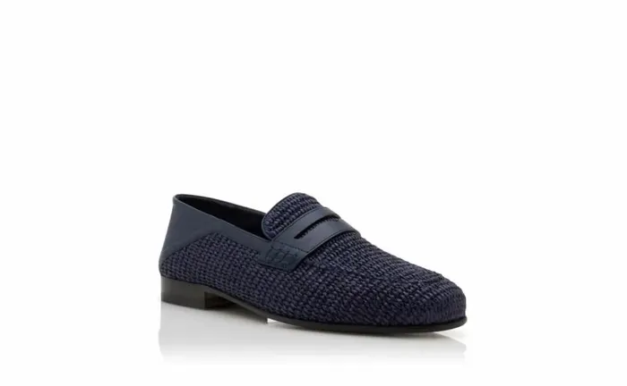 Men Navy Blue Raffia Penny Loafers Manolo Blahnik Loafers