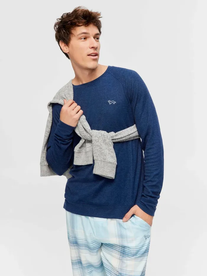 Men Navy Waffle Long Sleeve Top Navy Peter Alexander Classic Tops