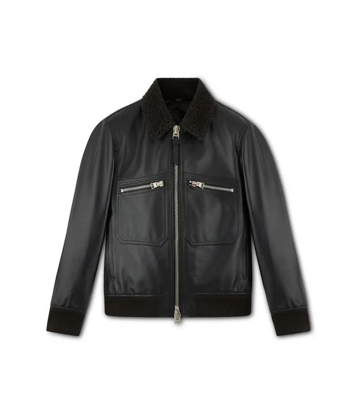 Men Outerwear Tom Ford Small Grain Shearling Collar Flight Bomber Black