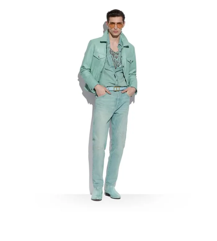 Men Outerwear Tom Ford Soft Grain Leather Zip Jean Jacket Cadet Blue Men Outerwear Tom Ford Soft Grain Leather Zip Jean Jacket Cadet Blue