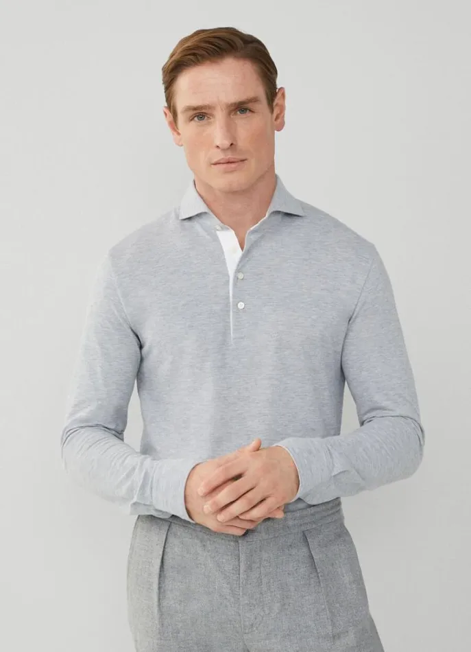 Men Polo Shirts Hackett London Classic Fit Long Sleeve Polo Shirt Cement