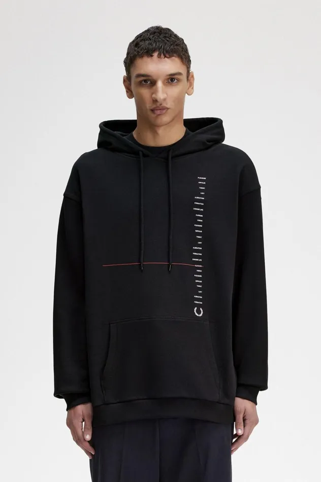 Men Raf SimonsPrinted Hooded Sweatshirt Black Fred Perry Sweatshirts