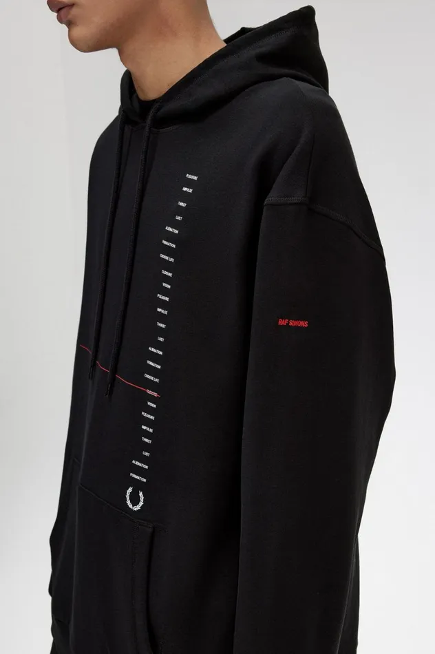 Men Raf SimonsPrinted Hooded Sweatshirt Black Fred Perry Sweatshirts