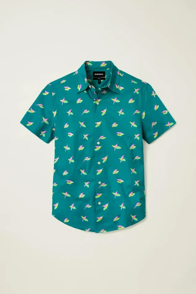 Men Riviera Short Sleeve Shirt Blue And Pink Surfing Parakeets Bonobos Short Sleeve Shirts