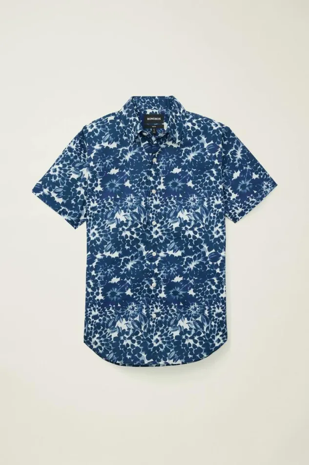 Men Riviera Short Sleeve Shirt Blue And White Floral Bonobos Casual Shirts