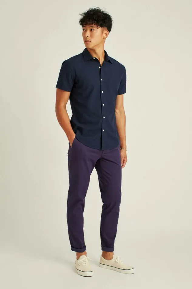 Men Riviera Short Sleeve Shirt Blue Black Seersucker Check Bonobos Casual Shirts