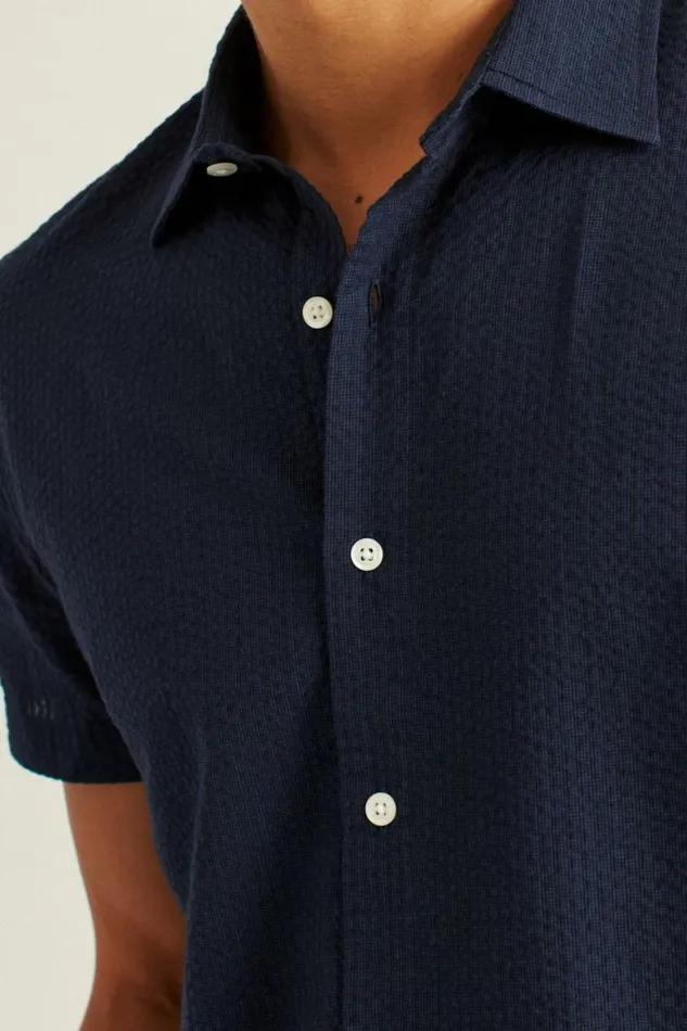 Men Riviera Short Sleeve Shirt Blue Black Seersucker Check Bonobos Casual Shirts