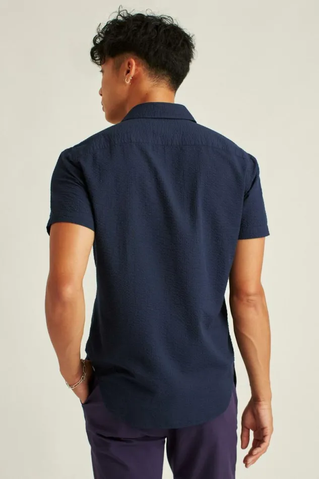 Men Riviera Short Sleeve Shirt Blue Black Seersucker Check Bonobos Casual Shirts