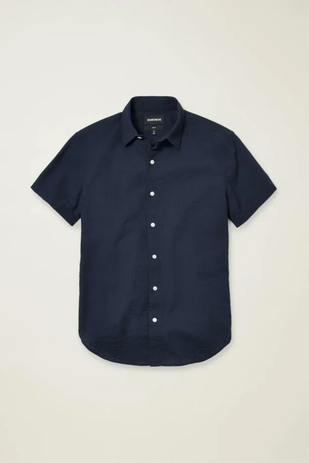 Men Riviera Short Sleeve Shirt Blue Black Seersucker Check Bonobos Casual Shirts