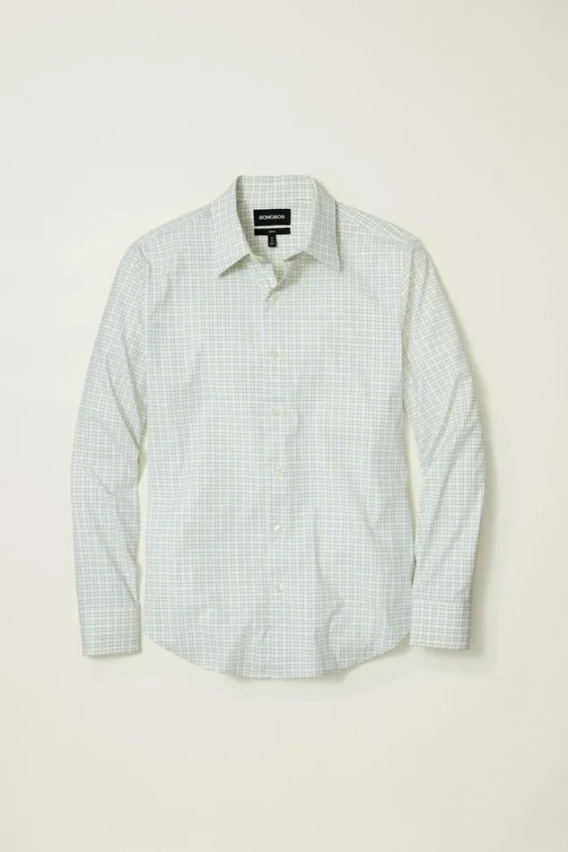 Men Tech Button Down Shirt Blue Daffodil Plaid Bonobos Business Casual Shirts