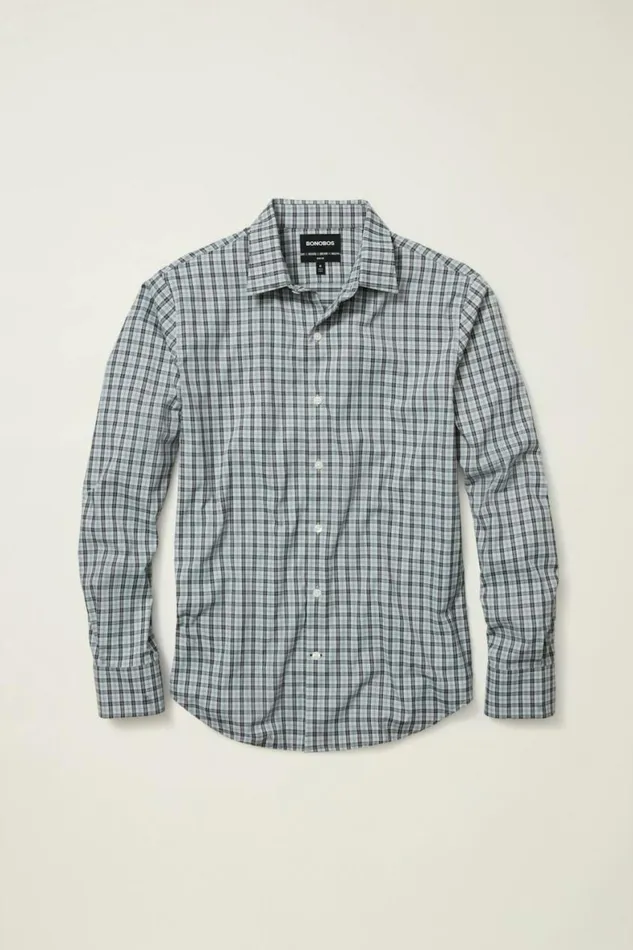 Men Tech Button Down Shirt Grey Mosston Plaid Bonobos Casual Shirts