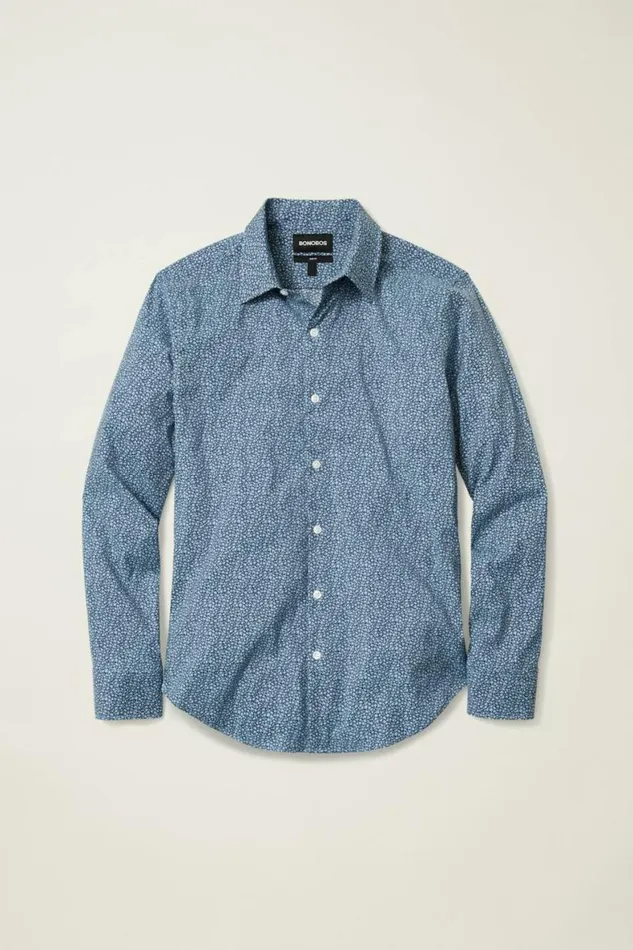 Men Tech Button Down Shirt Navy Micro Floral Bonobos Business Casual Shirts